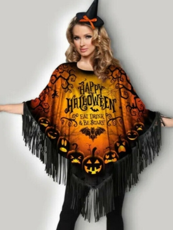 Celebrate It Other - Halloween Eat, Drink , And Be Scary Fringe Poncho And Headpiece Costume - Orange